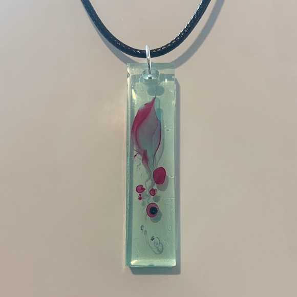 Aqua Water Marble Resin Long Rectangular Pendant Necklace - Picture 4 of 9